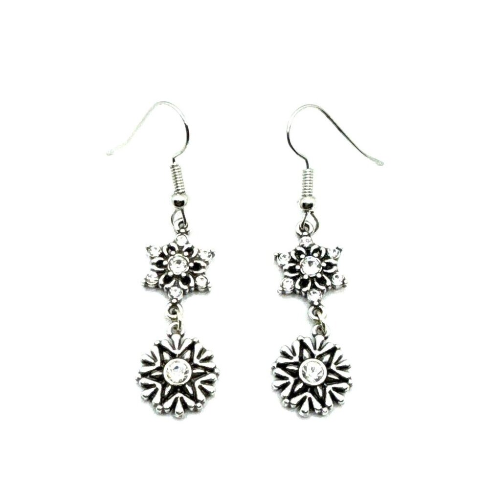 Brighton Arctica 2-Snowflakes Dangle Crystals Holiday Winter Silver Earrings